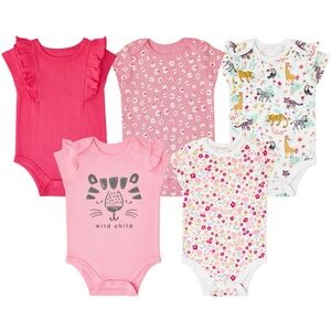 New baby 5 pc OEKO- TEX Certified cotton body suit pink animal print new born